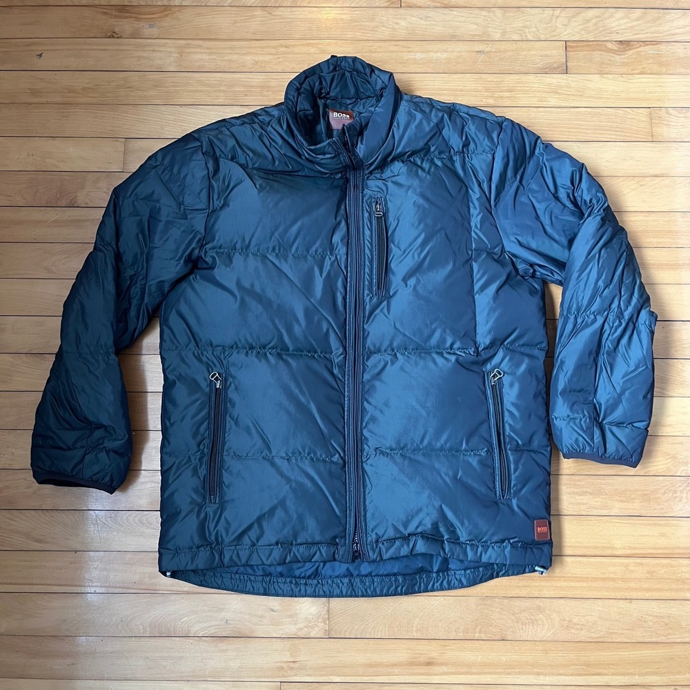 Hugo Boss Orange Navy Blue Quilted Puffer Jacket Mens Full Zip Winter Coat